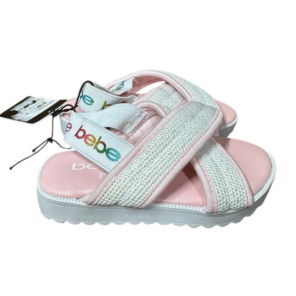 Bebe Girl Toddler Sandals Pink White Sparkle X Band Rainbow Logo Back Strap 6‎